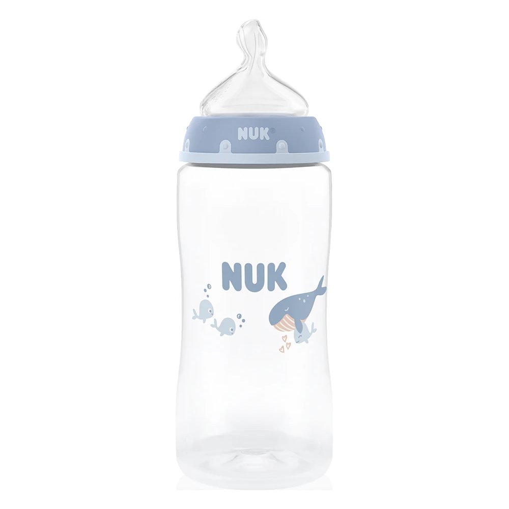 NUK First Choice – antikoliková kojenecká láhev s indikátorem teploty 300 ml, 3+ m, velryba