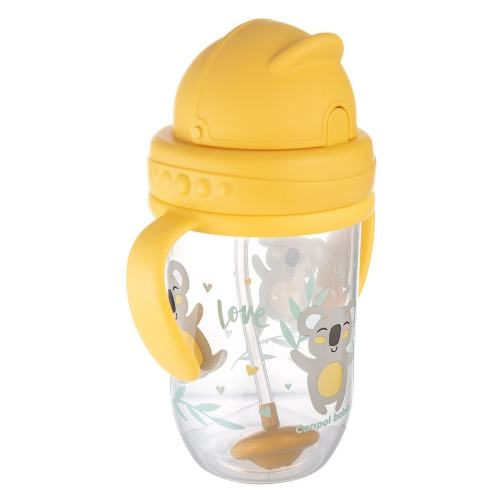 Canpol babies Exotic Animals – nevylévací hrneček se slámkou a závažím, 270 ml, 6 m+, žlutý