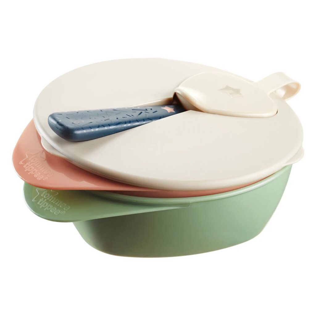 Tommee Tippee Easy Scoop – misky s cestovním víčkem a lžičkou, 6 m+